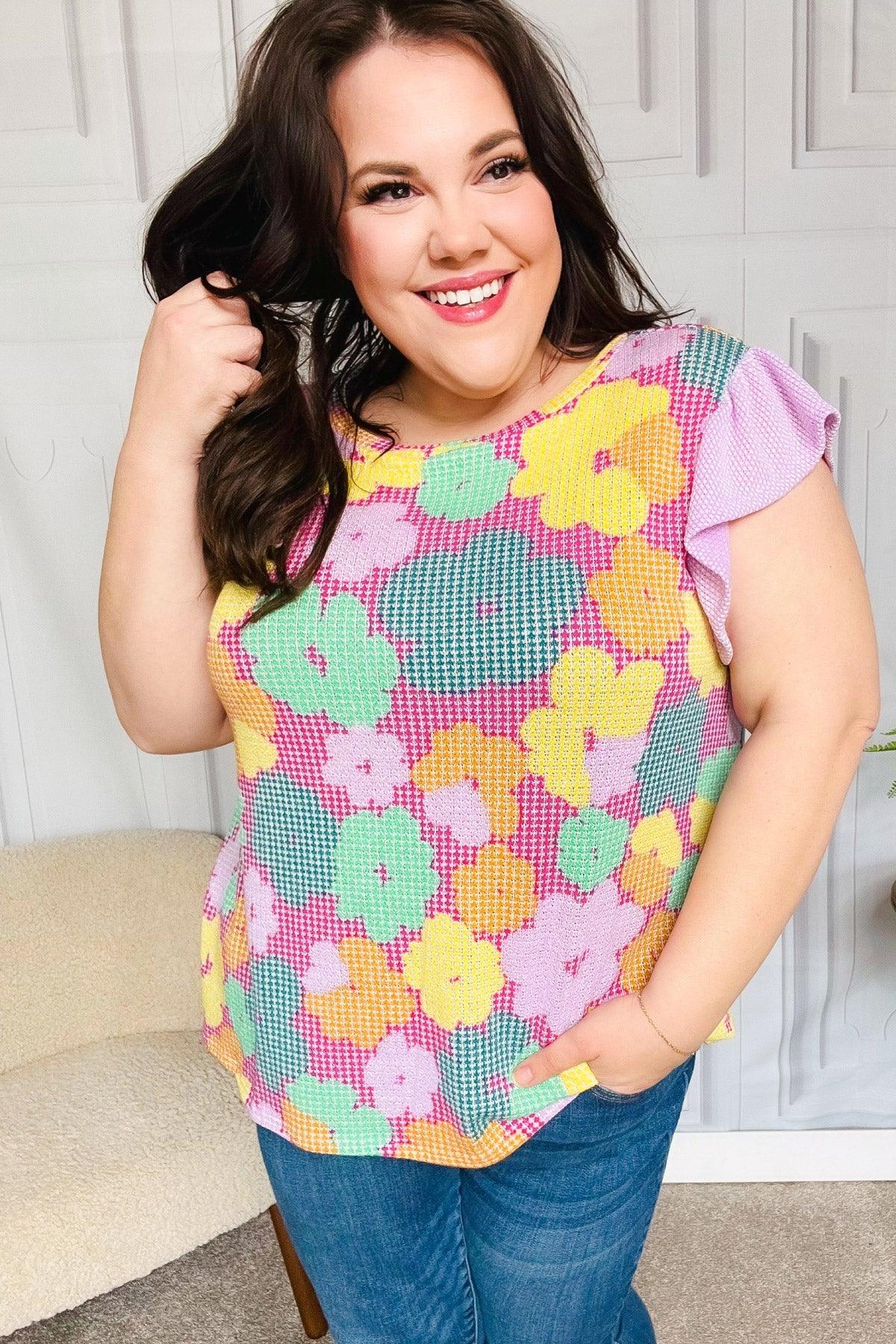 Feeling Playful Fuchsia Floral Textured Ruffle Sleeve Top | Daverri Fashions