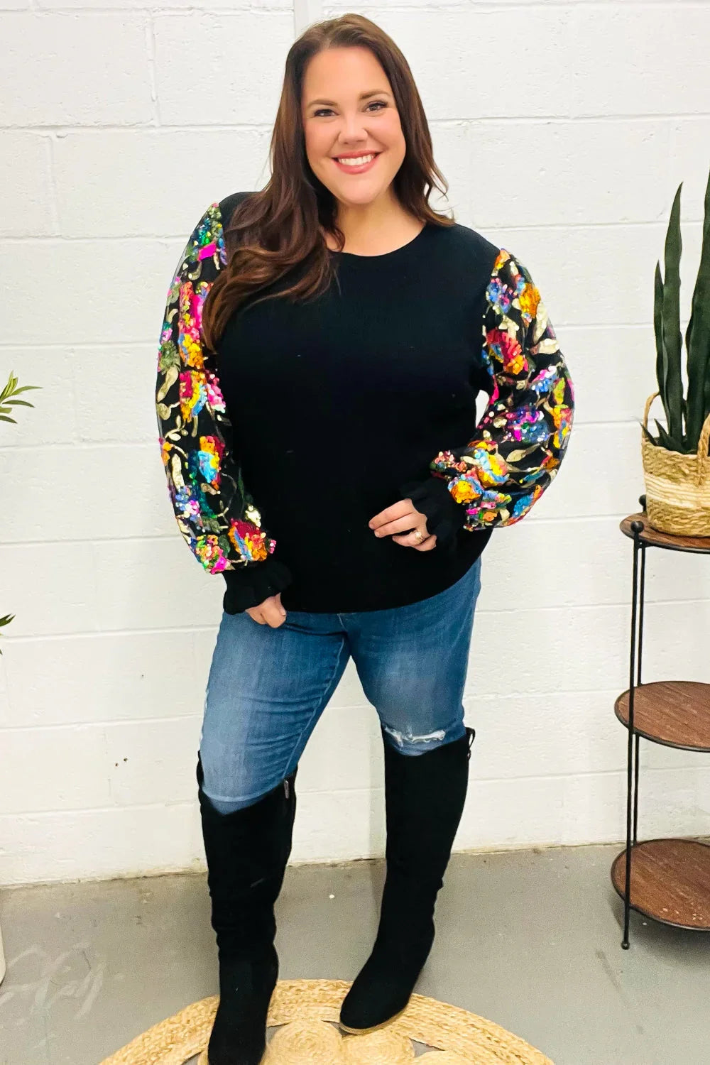 Diva Dreams Black Floral Sequin Mesh Sleeve Rib Knit Top | Daverri Fashions