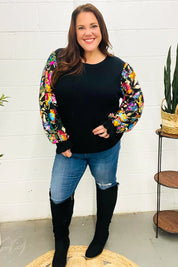 Diva Dreams Black Floral Sequin Mesh Sleeve Rib Knit Top | Daverri Fashions