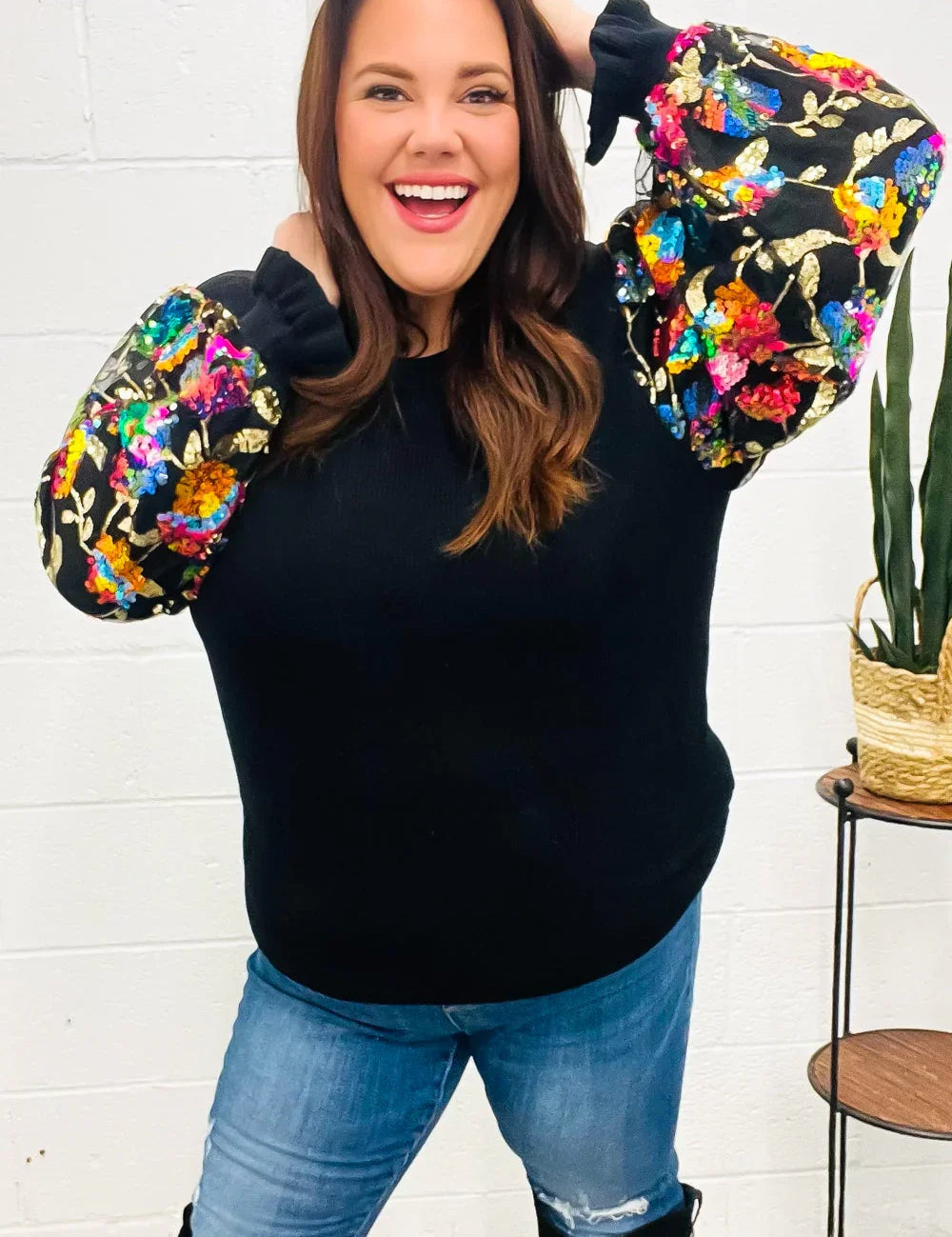 Diva Dreams Black Floral Sequin Mesh Sleeve Rib Knit Top | Daverri Fashions