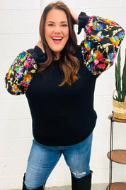 Diva Dreams Black Floral Sequin Mesh Sleeve Rib Knit Top | Daverri Fashions