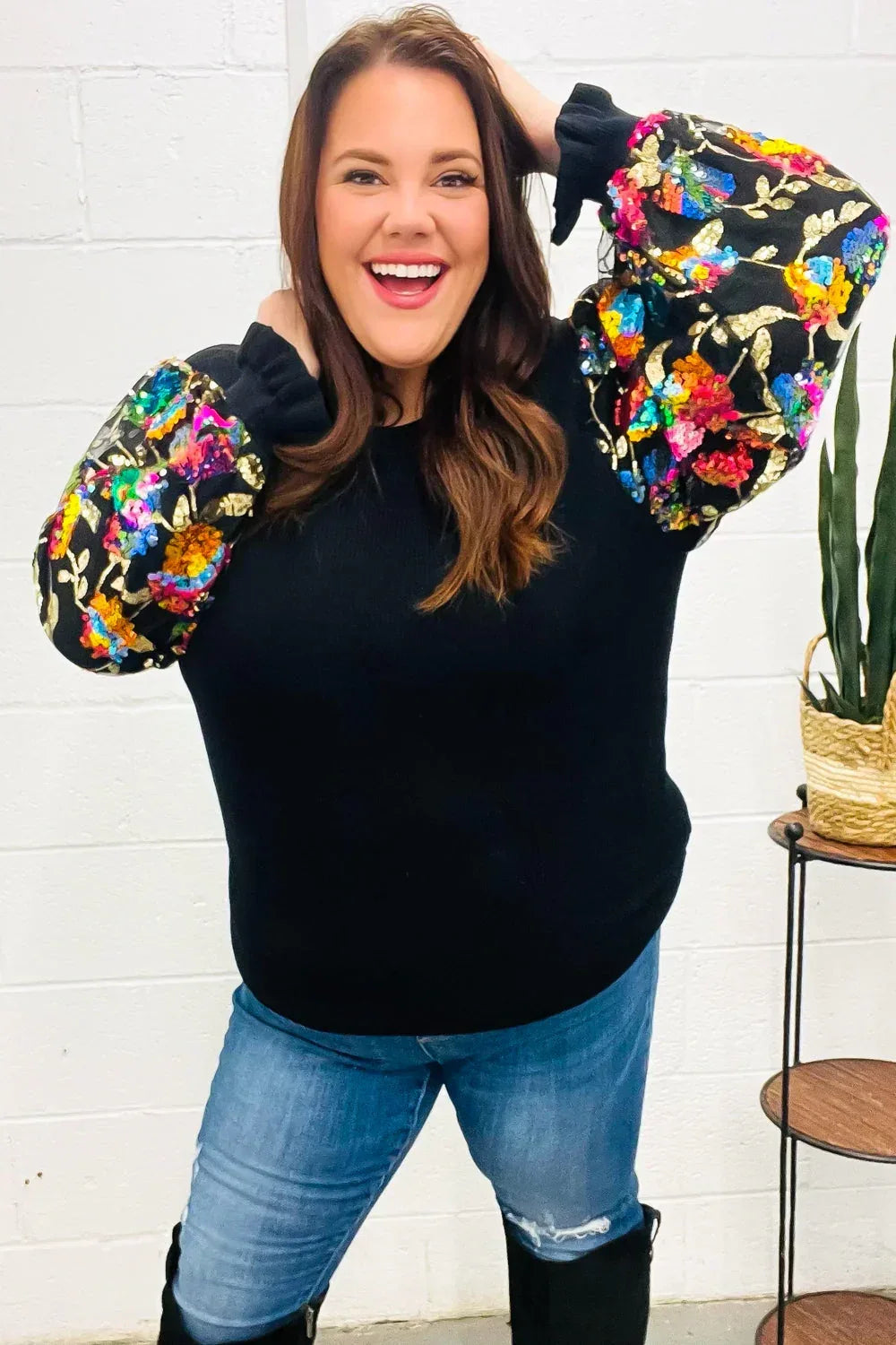 Diva Dreams Black Floral Sequin Mesh Sleeve Rib Knit Top - DAVERRI FASHIONS