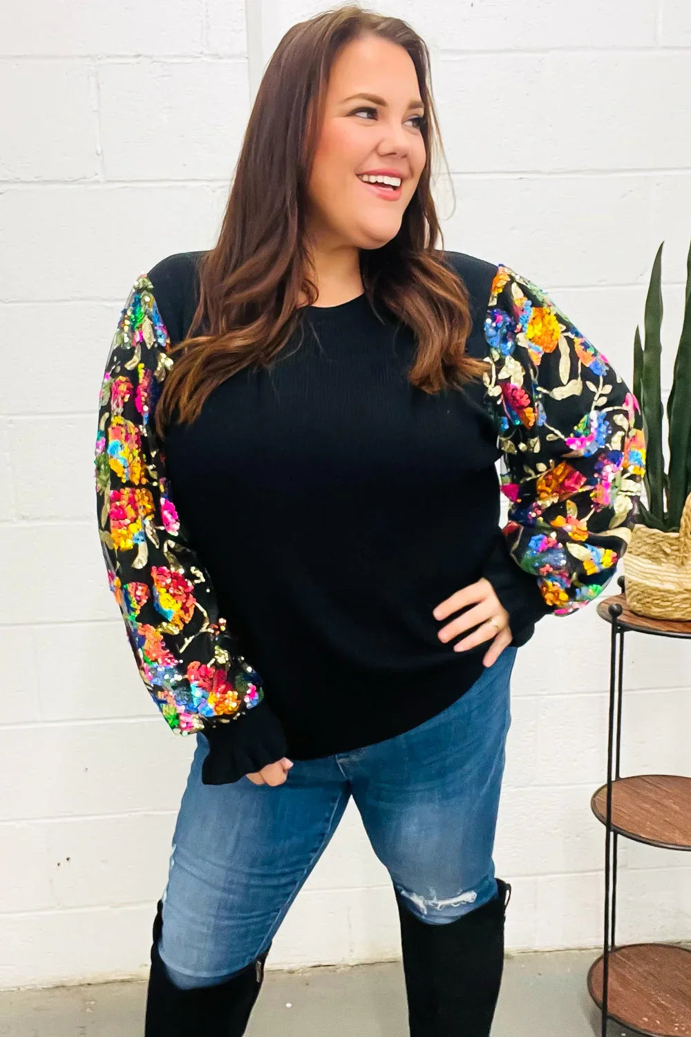 Diva Dreams Black Floral Sequin Mesh Sleeve Rib Knit Top | Daverri Fashions