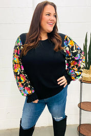 Diva Dreams Black Floral Sequin Mesh Sleeve Rib Knit Top | Daverri Fashions