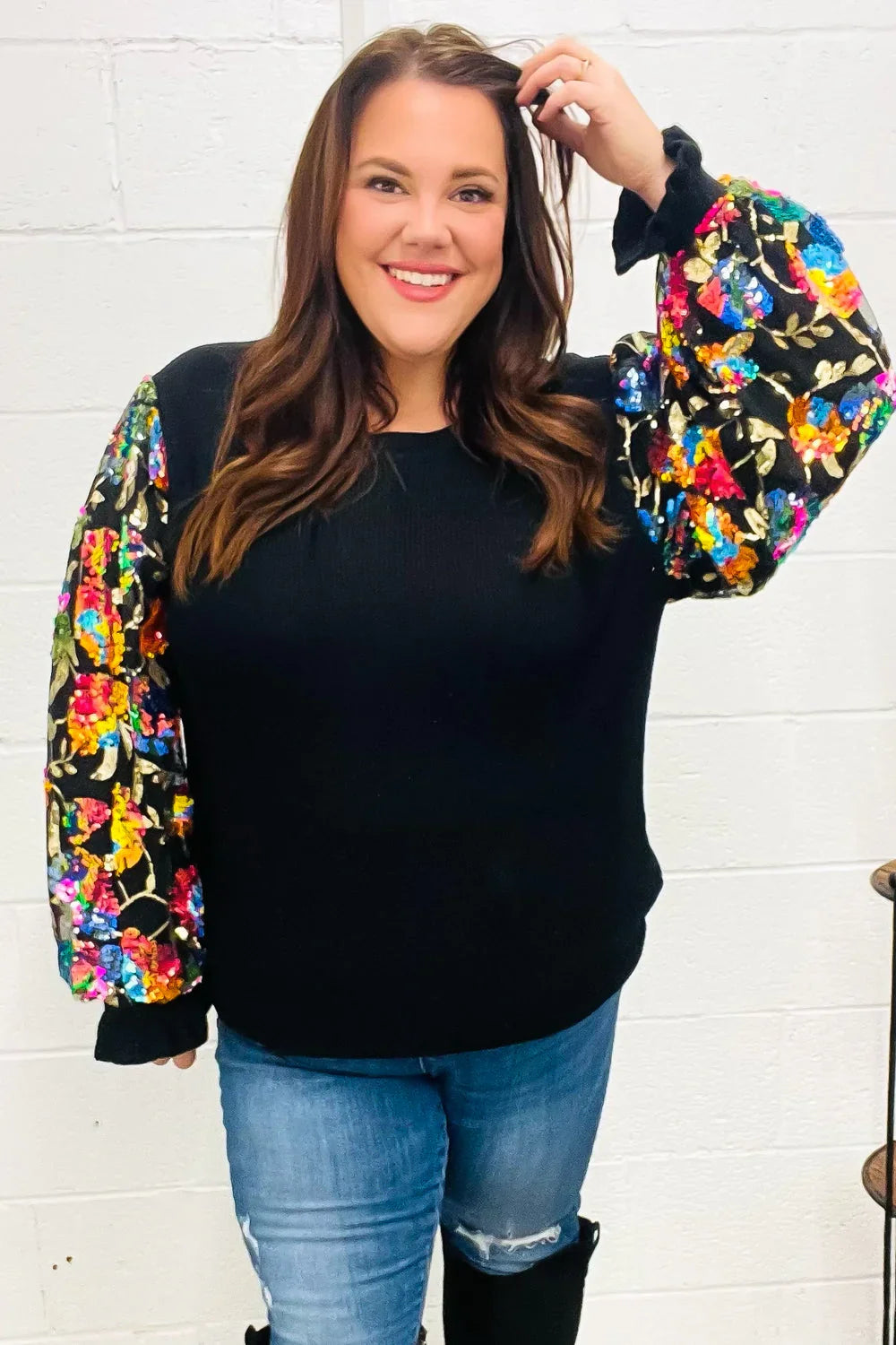 Diva Dreams Black Floral Sequin Mesh Sleeve Rib Knit Top | Daverri Fashions