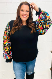 Diva Dreams Black Floral Sequin Mesh Sleeve Rib Knit Top | Daverri Fashions