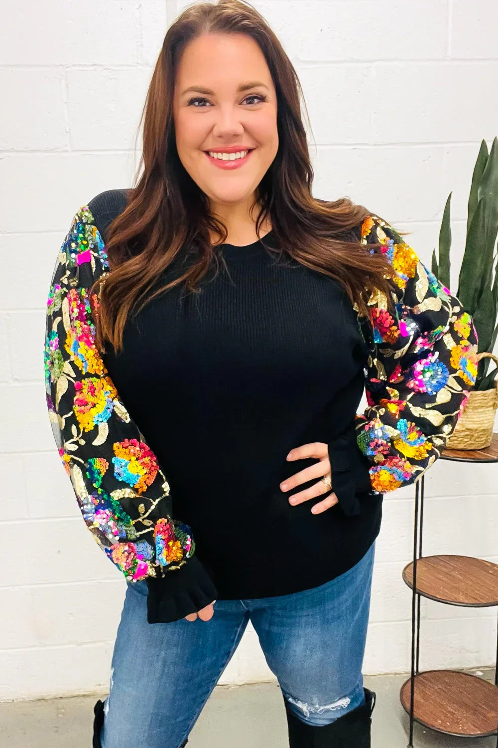 Diva Dreams Black Floral Sequin Mesh Sleeve Rib Knit Top | Daverri Fashions