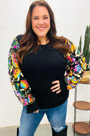 Diva Dreams Black Floral Sequin Mesh Sleeve Rib Knit Top | Daverri Fashions
