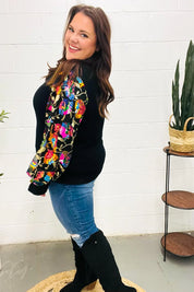 Diva Dreams Black Floral Sequin Mesh Sleeve Rib Knit Top | Daverri Fashions