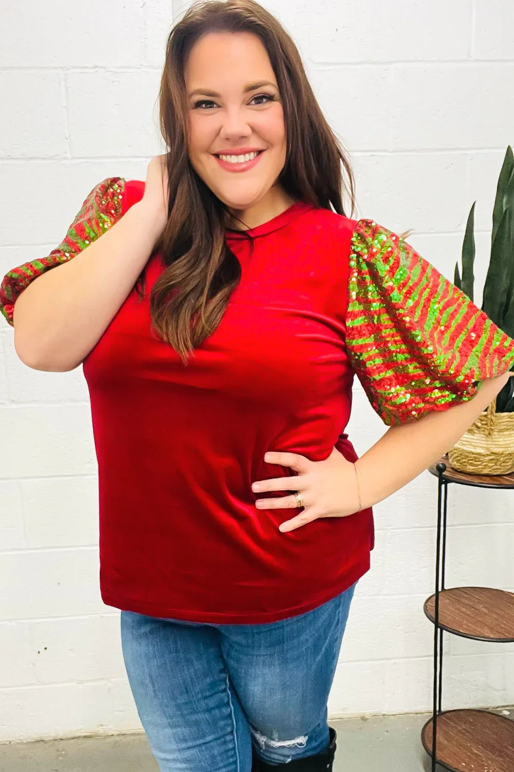 Warmest Wishes Red & Green Sequin Puff Sleeve Velvet Top | Daverri Fashions