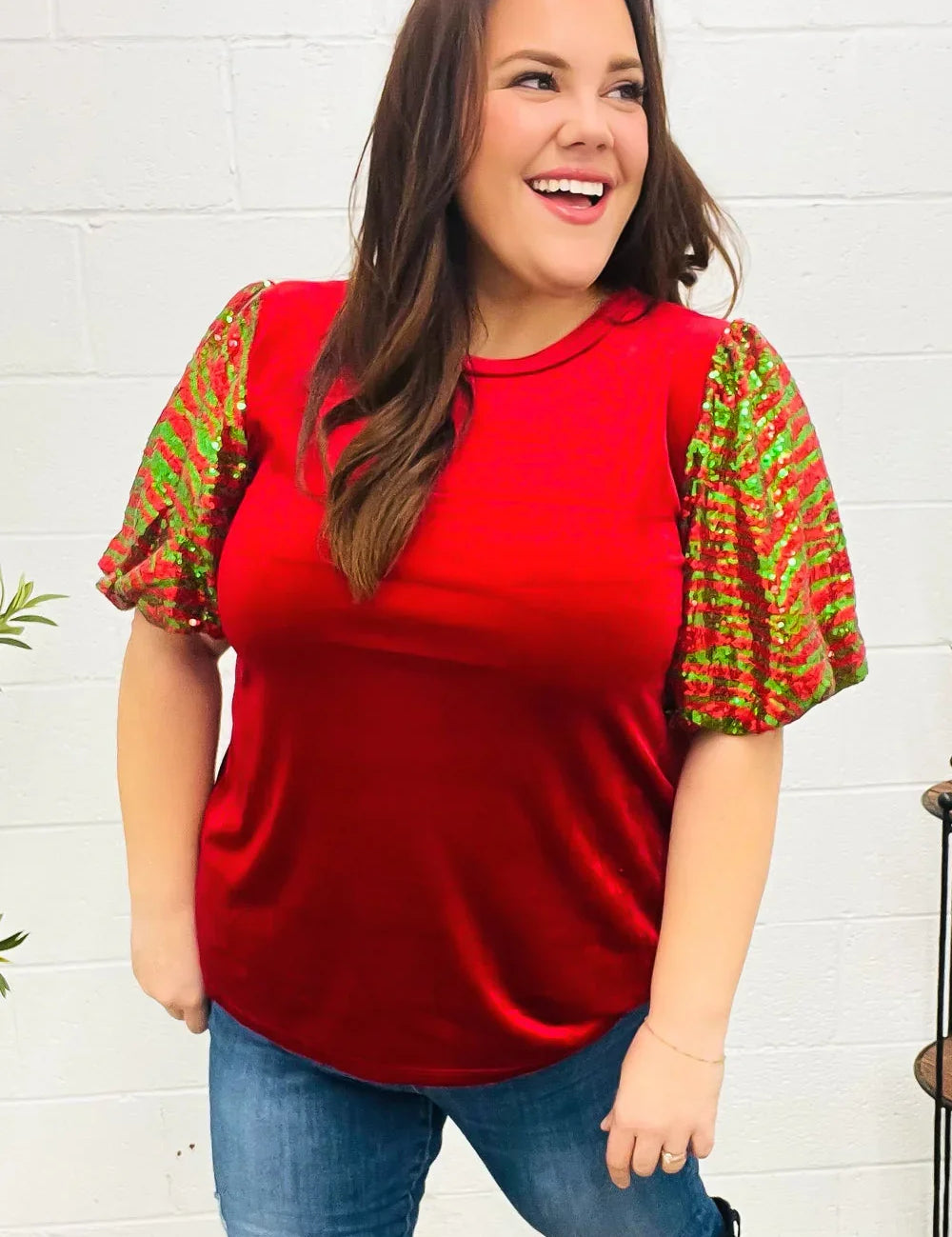 Warmest Wishes Red & Green Sequin Puff Sleeve Velvet Top | Daverri Fashions