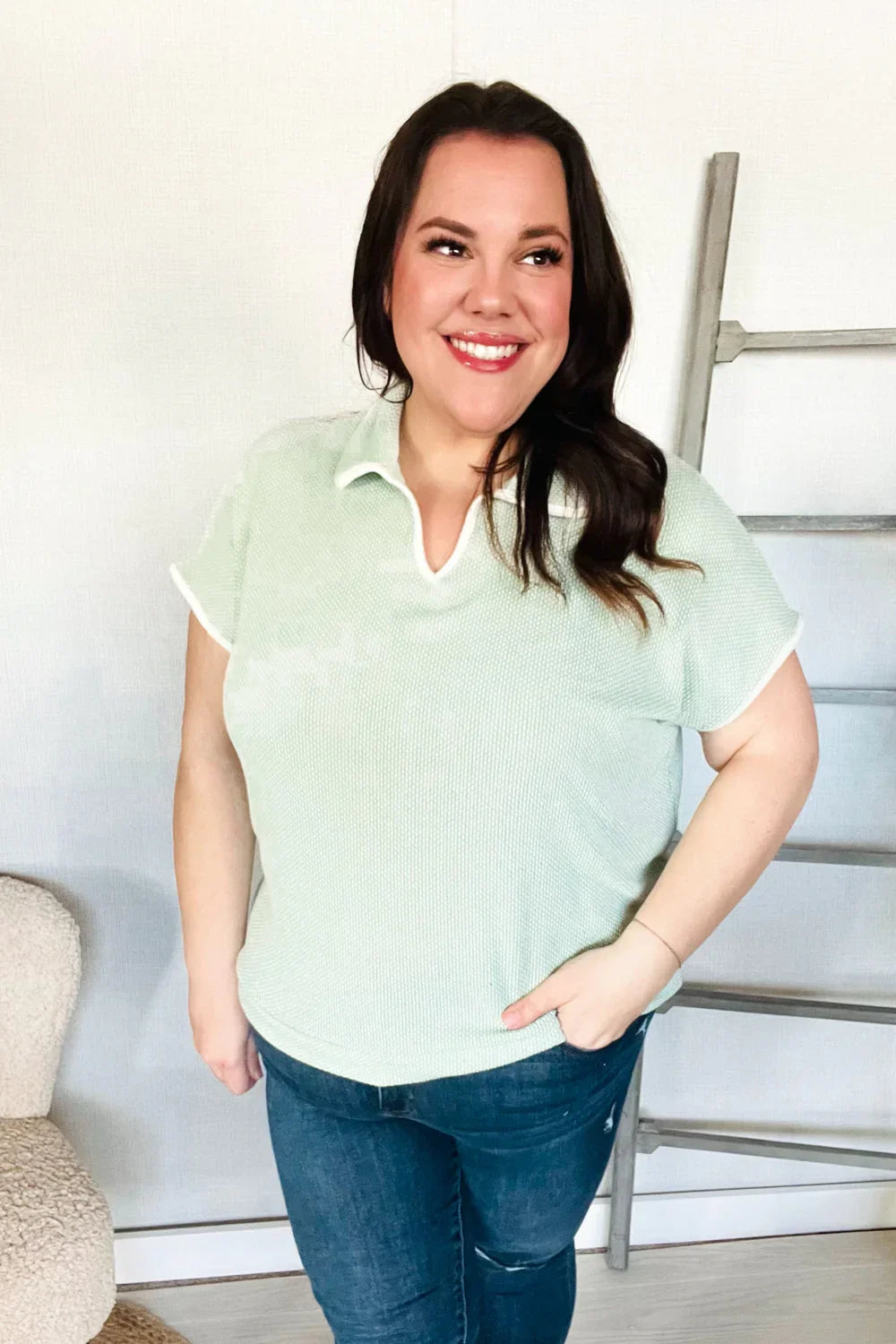 Weekend Ready Sage Collar Notch Neck Waffle Knit Top | Daverri Fashions