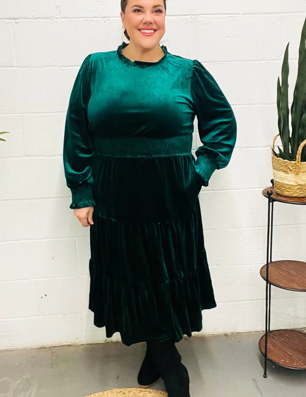 Holiday Dreaming Hunter Green Velvet Mock Neck Smocked Waist Dress | 2024 Blow-Out Sale Daverri Fashions