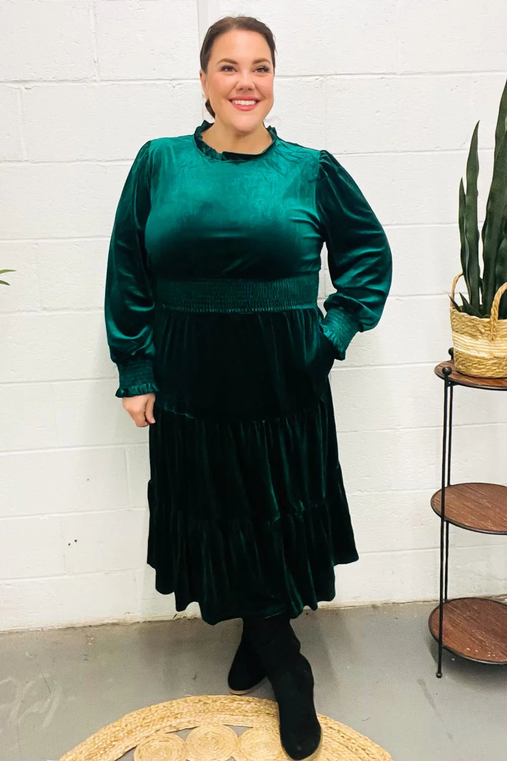 Holiday Dreaming Hunter Green Velvet Mock Neck Smocked Waist Dress | 2024 Blow-Out Sale Daverri Fashions