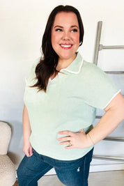 Weekend Ready Sage Collar Notch Neck Waffle Knit Top | Daverri Fashions