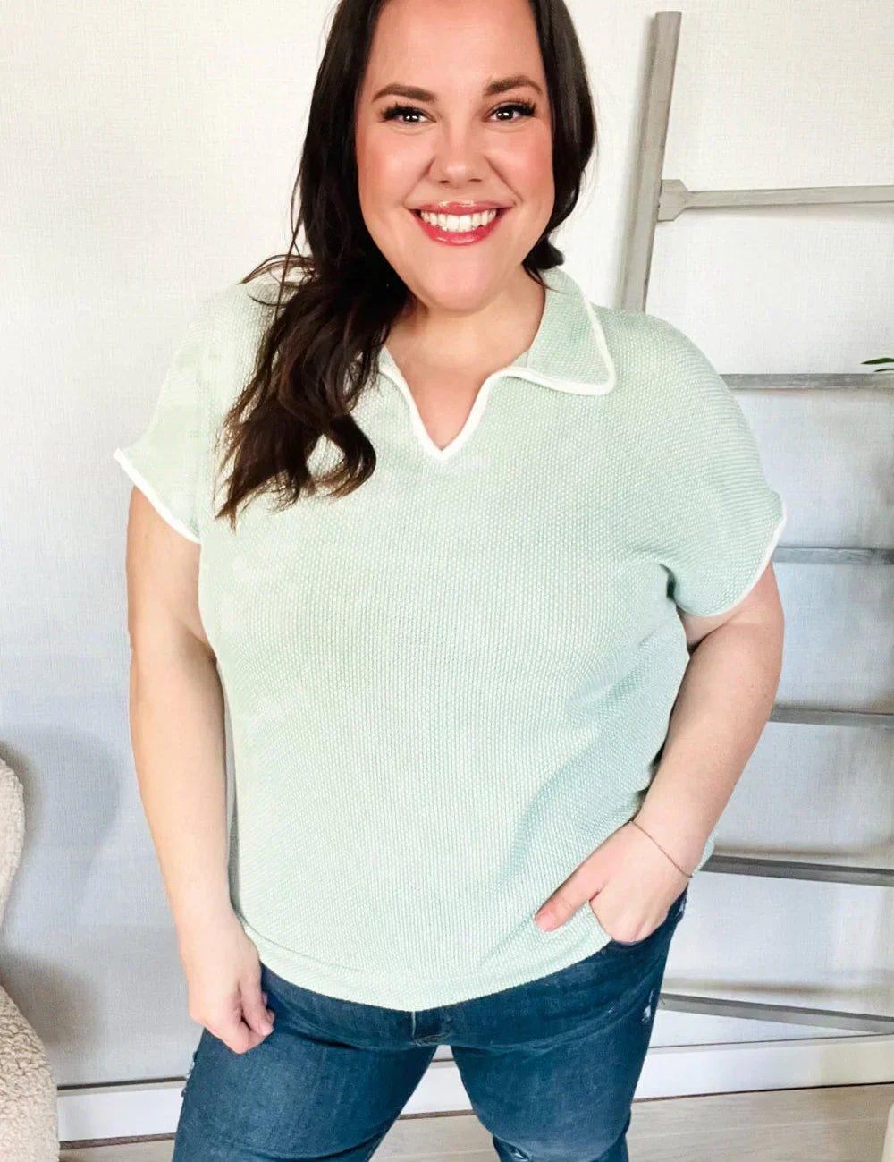 Weekend Ready Sage Collar Notch Neck Waffle Knit Top | Daverri Fashions