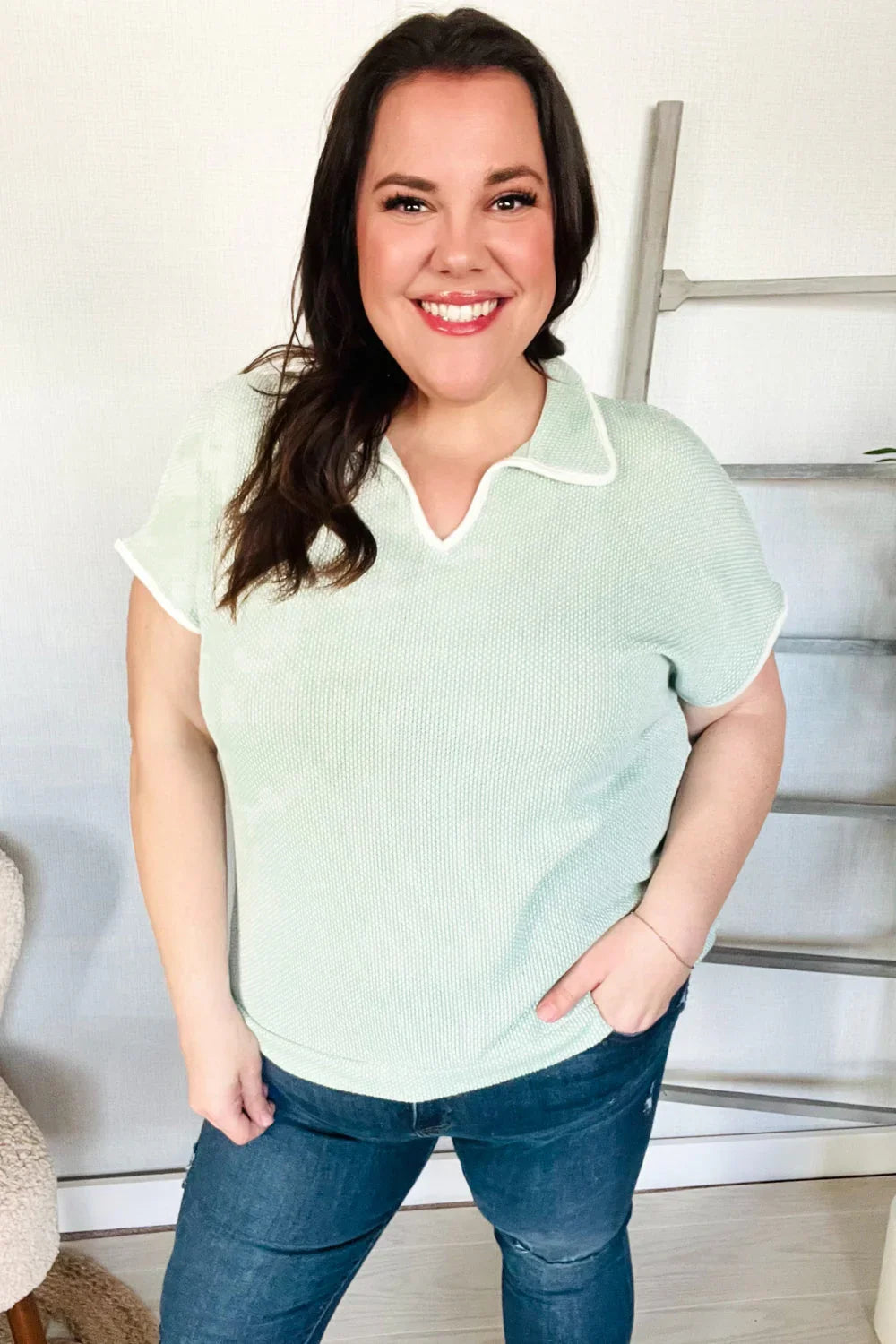 Weekend Ready Sage Collar Notch Neck Waffle Knit Top | Daverri Fashions