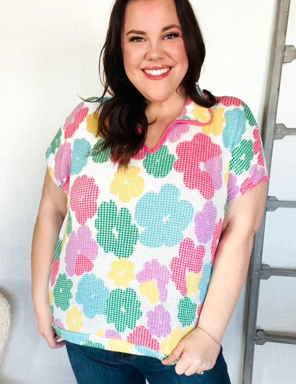 Spring Vibes Multicolor Floral Collar Notch Neck Waffle Knit Top | Daverri Fashions
