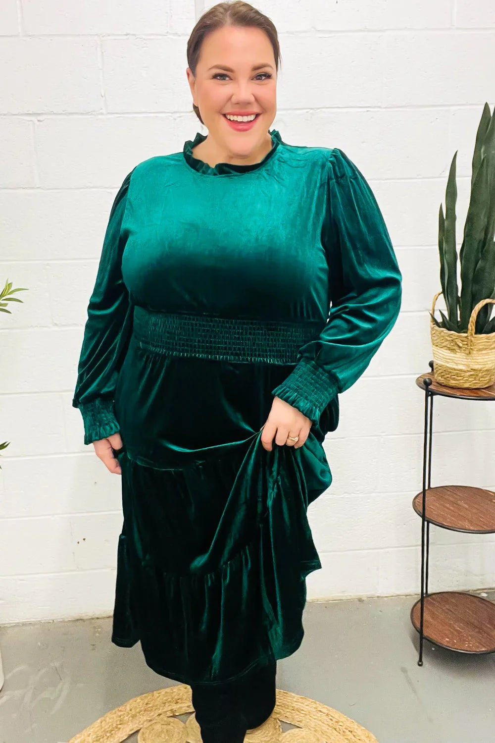 Holiday Dreaming Hunter Green Velvet Mock Neck Smocked Waist Dress | 2024 Blow-Out Sale Daverri Fashions