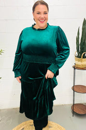 Holiday Dreaming Hunter Green Velvet Mock Neck Smocked Waist Dress | 2024 Blow-Out Sale Daverri Fashions