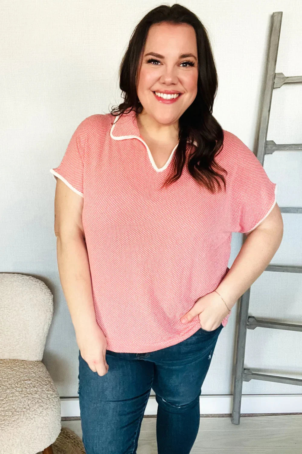 Weekend Ready Coral Collar Notch Neck Waffle Knit Top | 07-01-25 Summer Sale Daverri Fashions