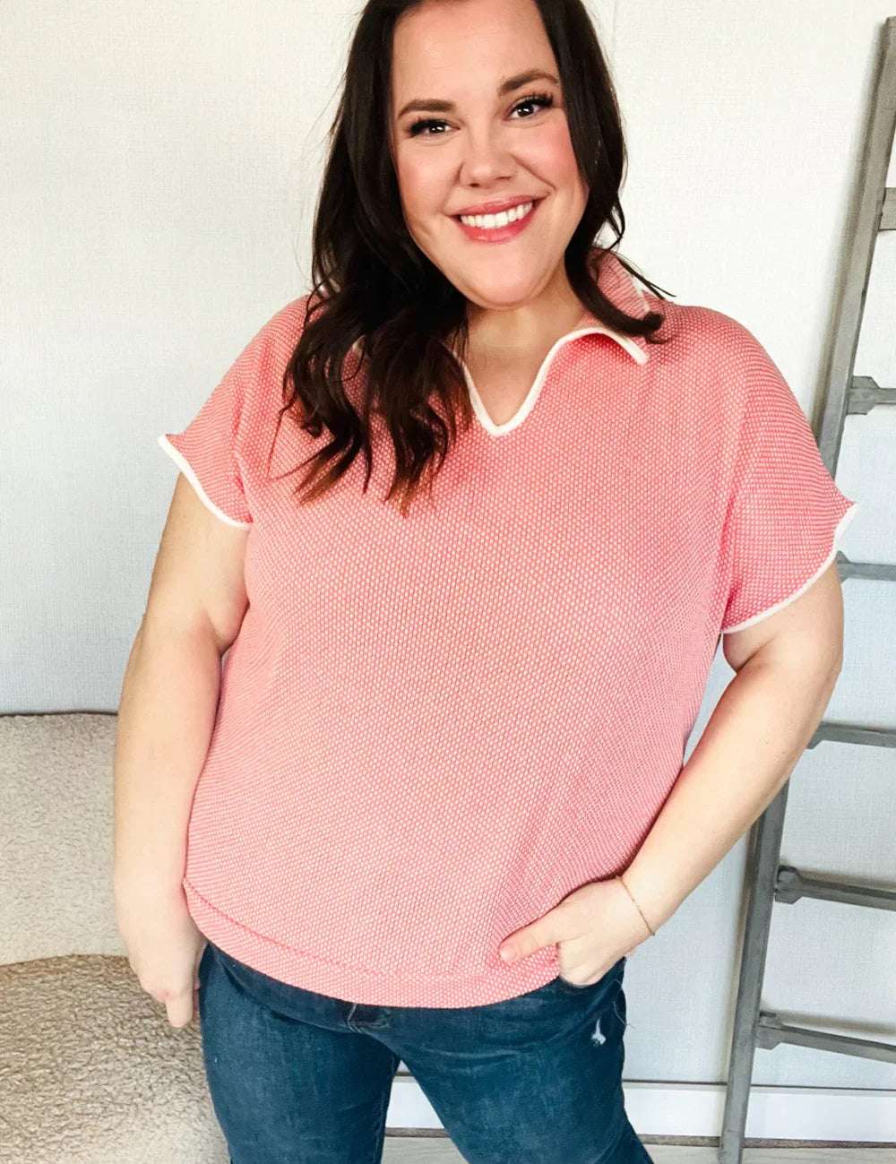 Weekend Ready Coral Collar Notch Neck Waffle Knit Top | 07-01-25 Summer Sale Daverri Fashions