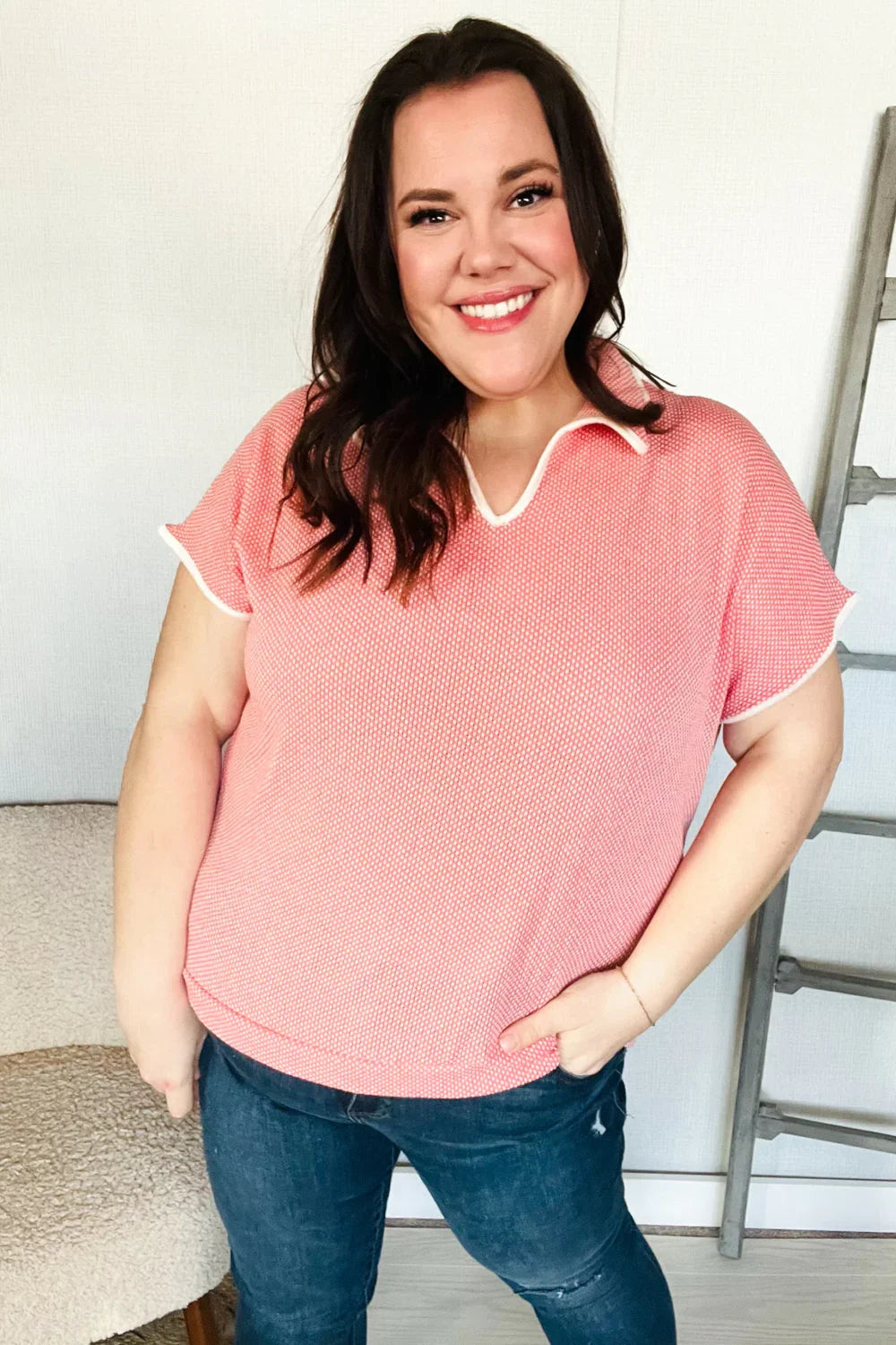 Weekend Ready Coral Collar Notch Neck Waffle Knit Top | 07-01-25 Summer Sale Daverri Fashions