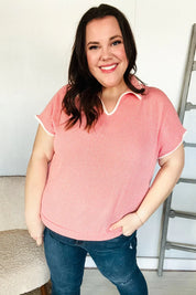 Weekend Ready Coral Collar Notch Neck Waffle Knit Top | 07-01-25 Summer Sale Daverri Fashions