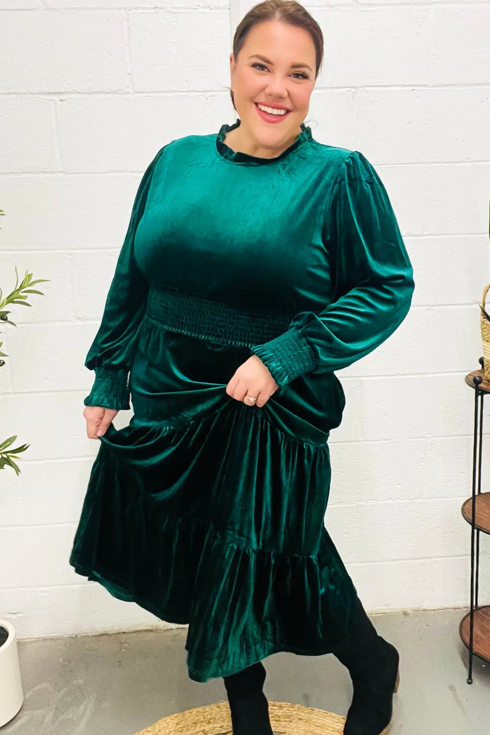Holiday Dreaming Hunter Green Velvet Mock Neck Smocked Waist Dress | 2024 Blow-Out Sale Daverri Fashions