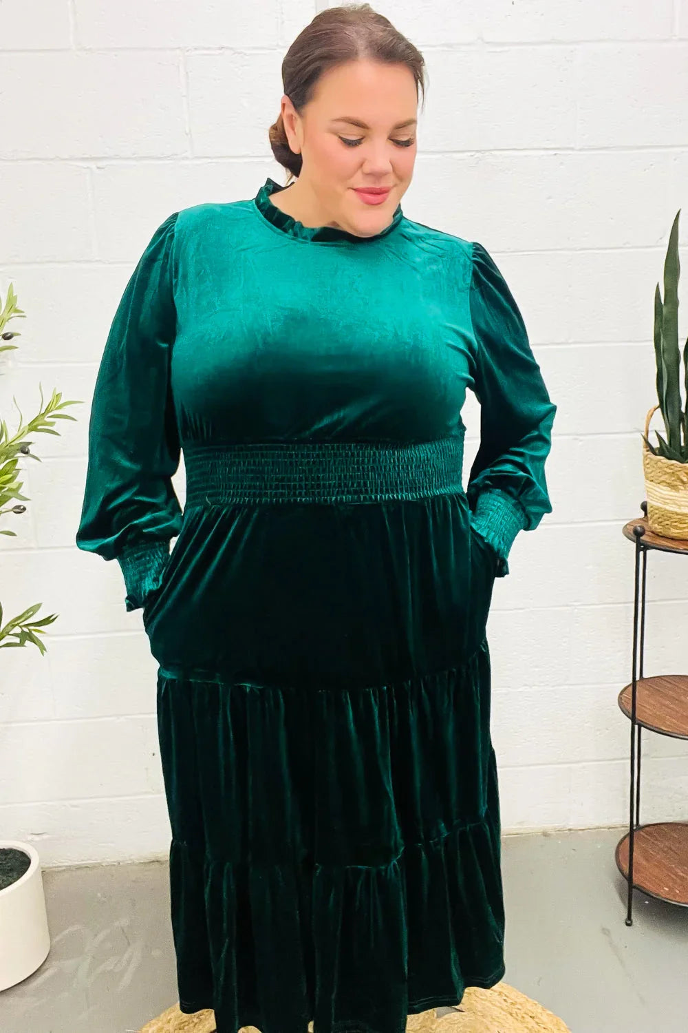Holiday Dreaming Hunter Green Velvet Mock Neck Smocked Waist Dress | 2024 Blow-Out Sale Daverri Fashions