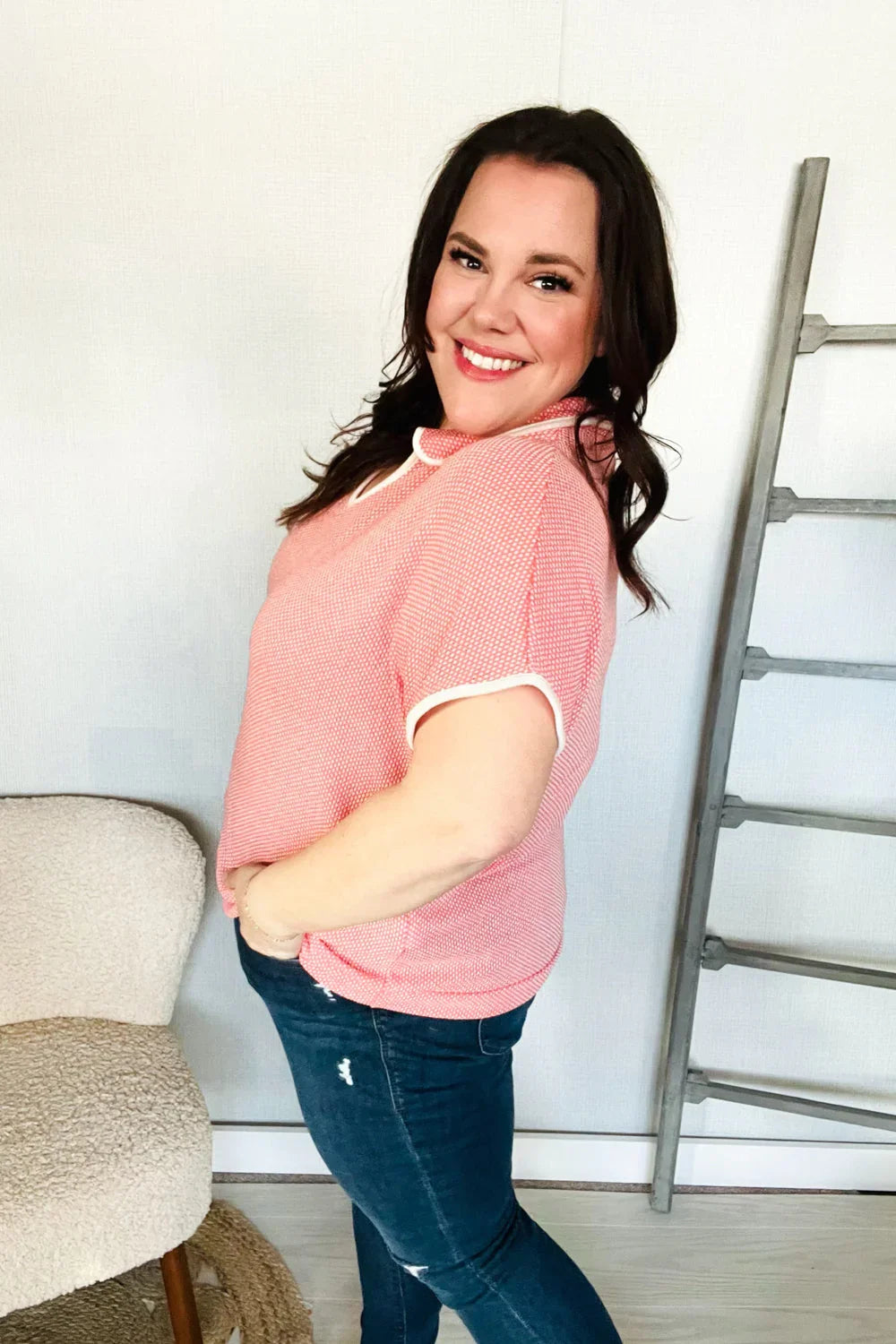 Weekend Ready Coral Collar Notch Neck Waffle Knit Top | 07-01-25 Summer Sale Daverri Fashions
