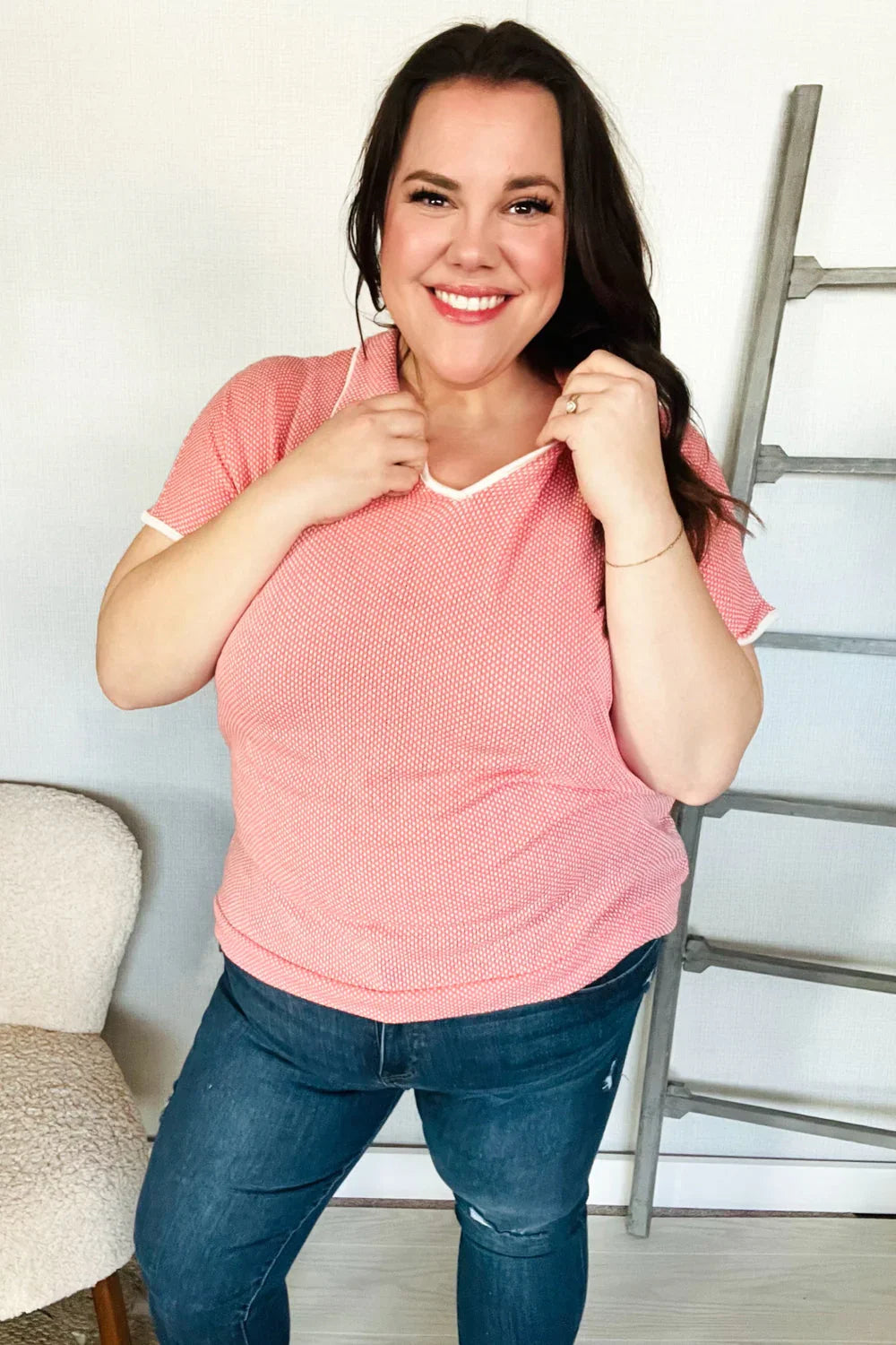 Weekend Ready Coral Collar Notch Neck Waffle Knit Top | 07-01-25 Summer Sale Daverri Fashions