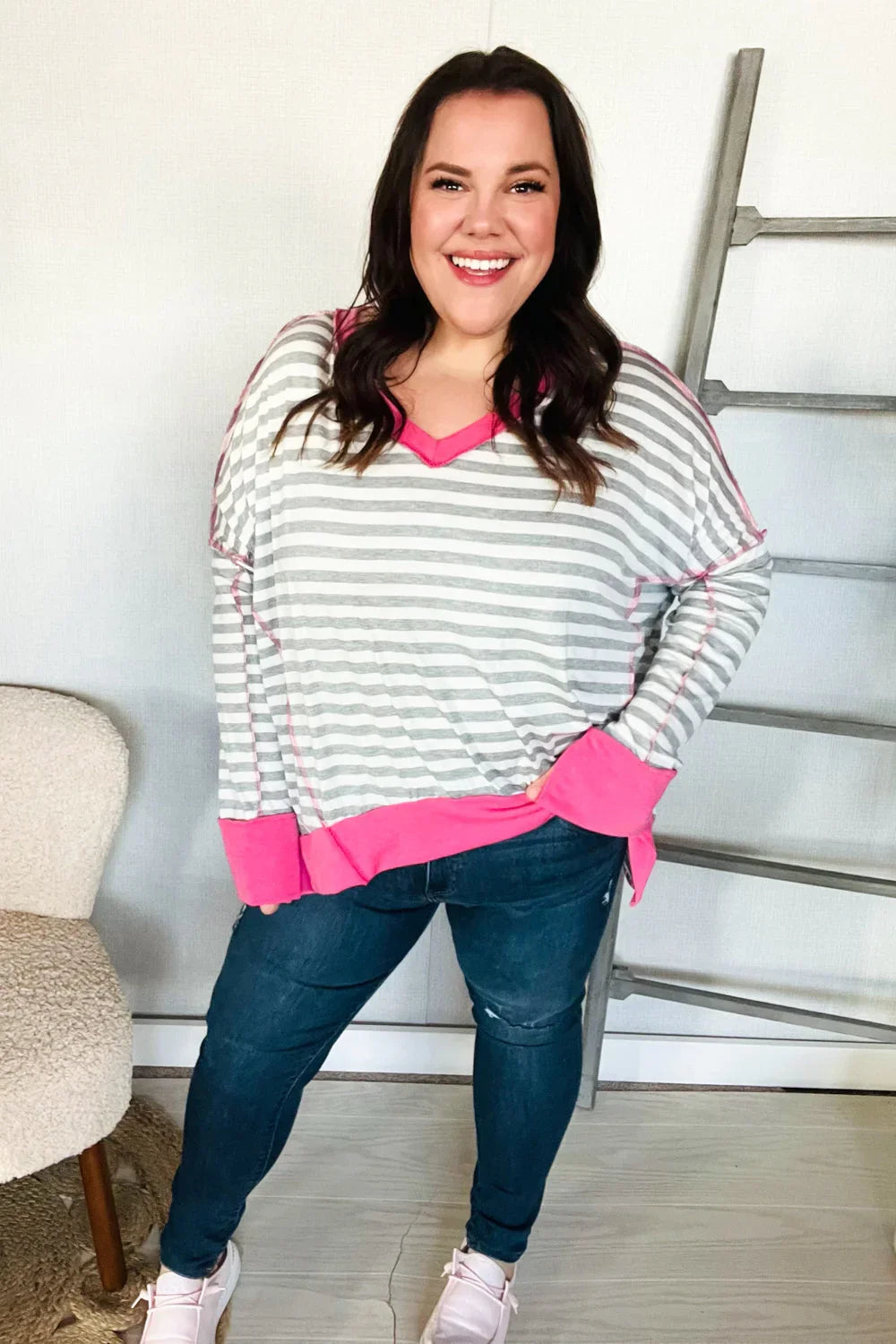 Weekend Ready Heather Grey Stripe Hi-Lo Out Seam Stitch Pullover | Daverri Fashions
