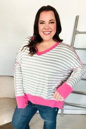Weekend Ready Heather Grey Stripe Hi-Lo Out Seam Stitch Pullover | Daverri Fashions