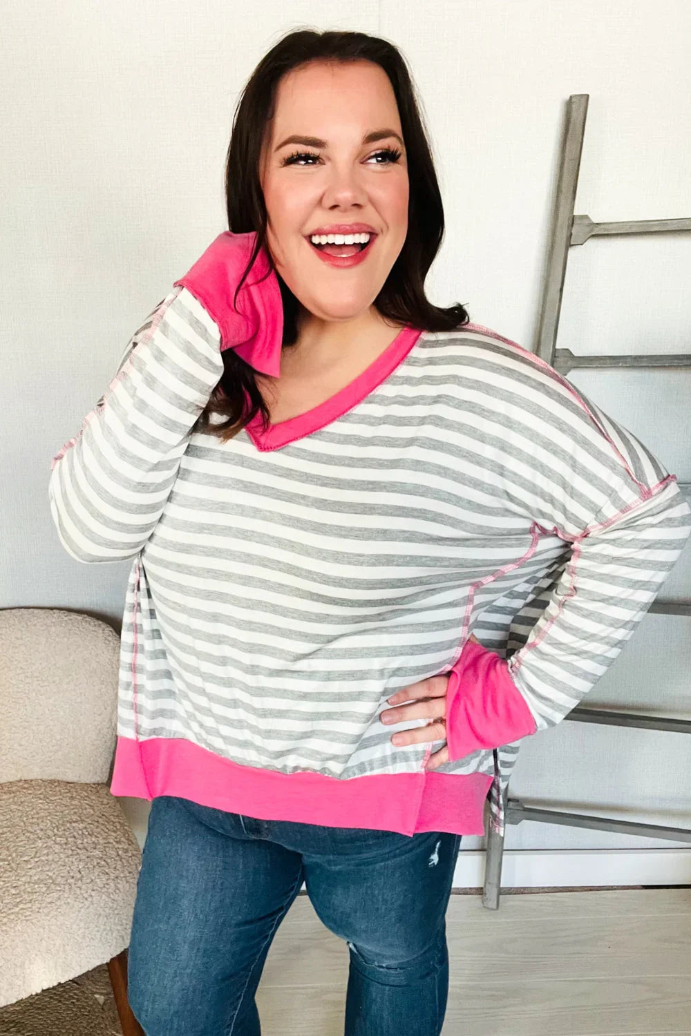 Weekend Ready Heather Grey Stripe Hi-Lo Out Seam Stitch Pullover | Daverri Fashions