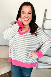 Weekend Ready Heather Grey Stripe Hi-Lo Out Seam Stitch Pullover | Daverri Fashions