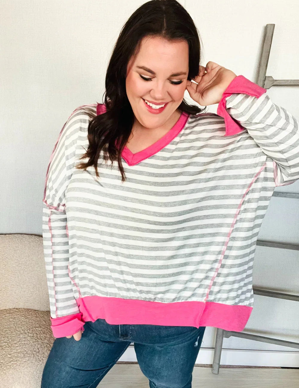 Weekend Ready Heather Grey Stripe Hi-Lo Out Seam Stitch Pullover | Daverri Fashions