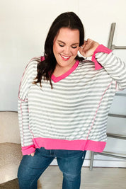 Weekend Ready Heather Grey Stripe Hi-Lo Out Seam Stitch Pullover | Daverri Fashions