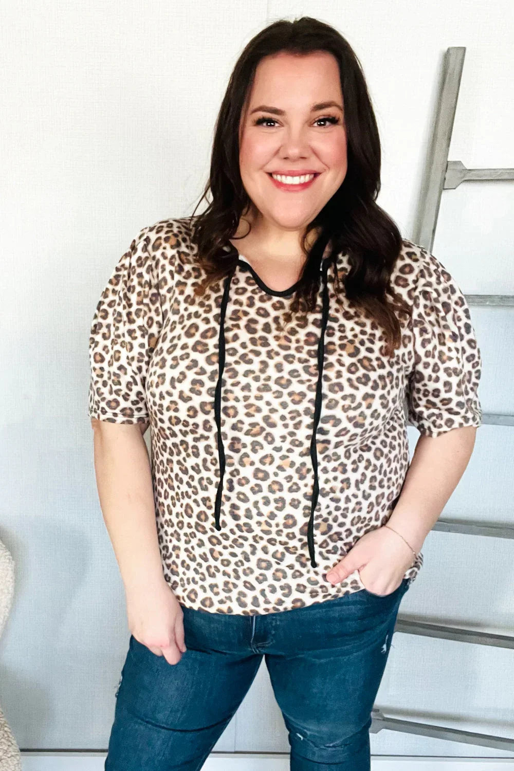 Everyday Animal Print Collar Notch Front Tie Knit Top | Daverri Fashions