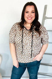 Everyday Animal Print Collar Notch Front Tie Knit Top | Daverri Fashions