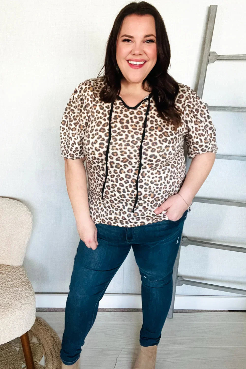 Everyday Animal Print Collar Notch Front Tie Knit Top | Daverri Fashions