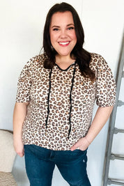 Everyday Animal Print Collar Notch Front Tie Knit Top | Daverri Fashions