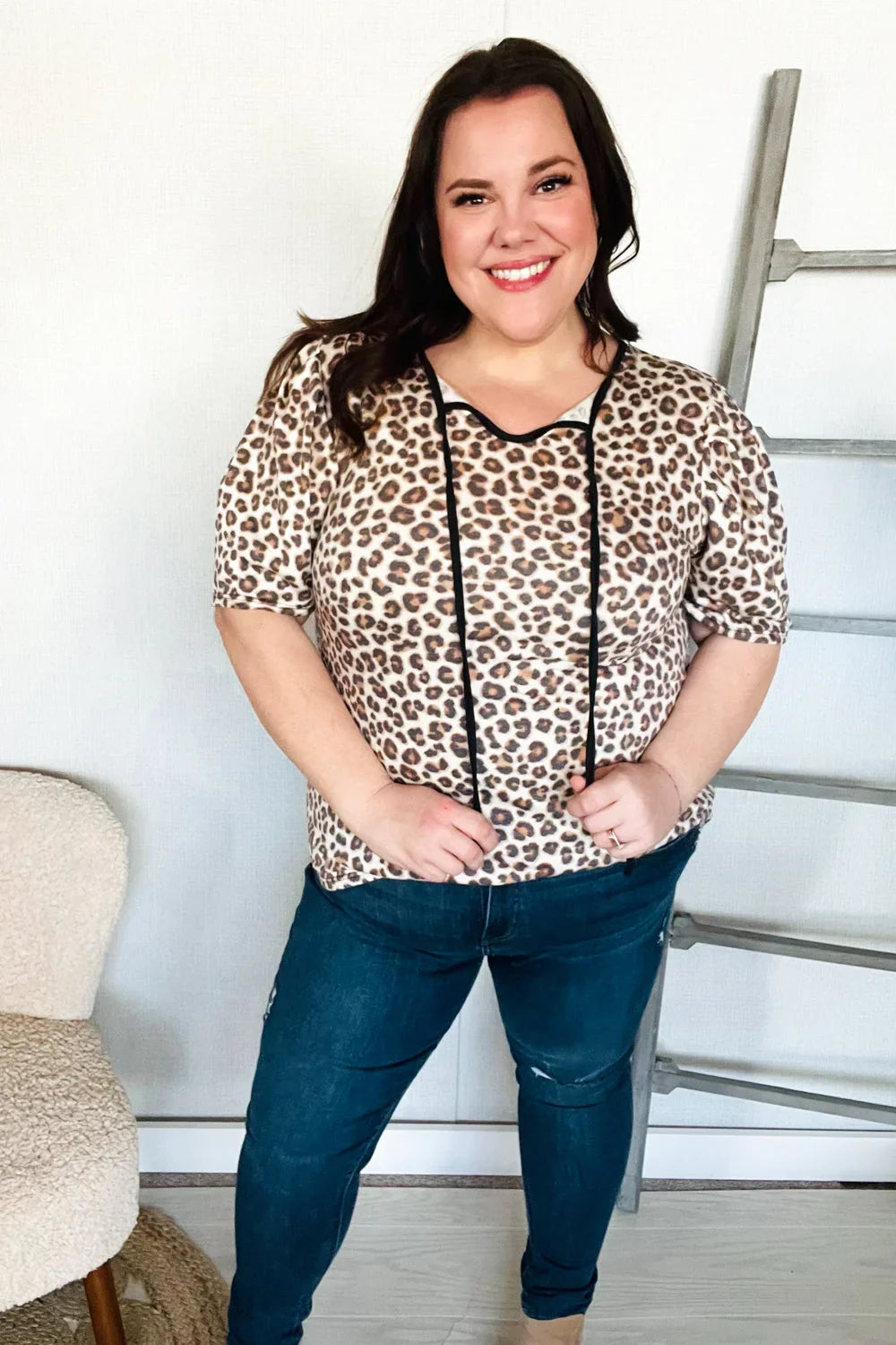 Everyday Animal Print Collar Notch Front Tie Knit Top | Daverri Fashions