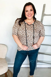 Everyday Animal Print Collar Notch Front Tie Knit Top | Daverri Fashions