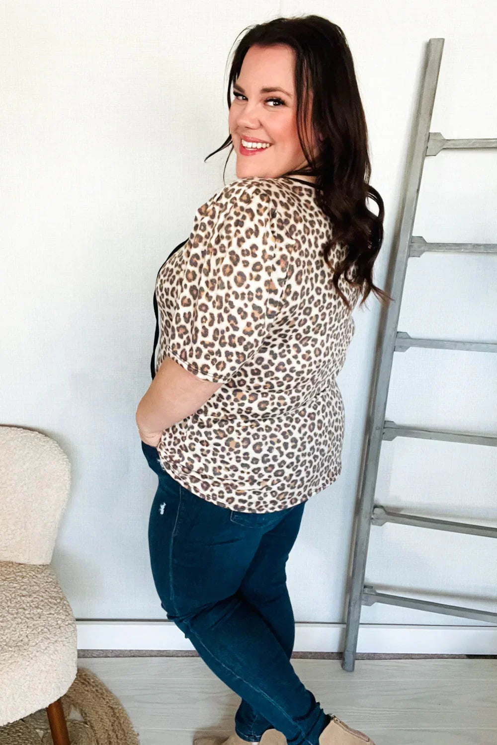 Everyday Animal Print Collar Notch Front Tie Knit Top | Daverri Fashions