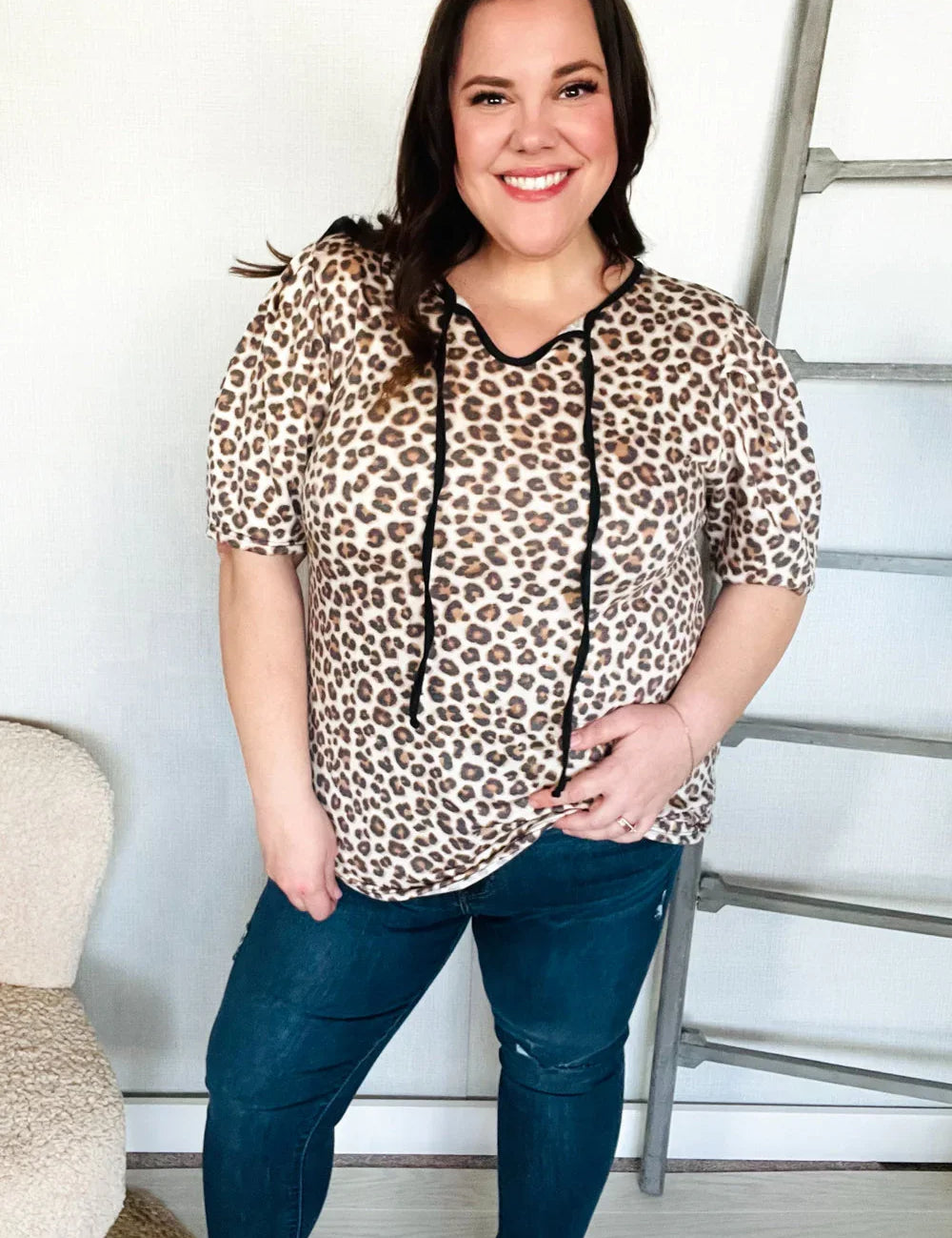 Everyday Animal Print Collar Notch Front Tie Knit Top | Daverri Fashions