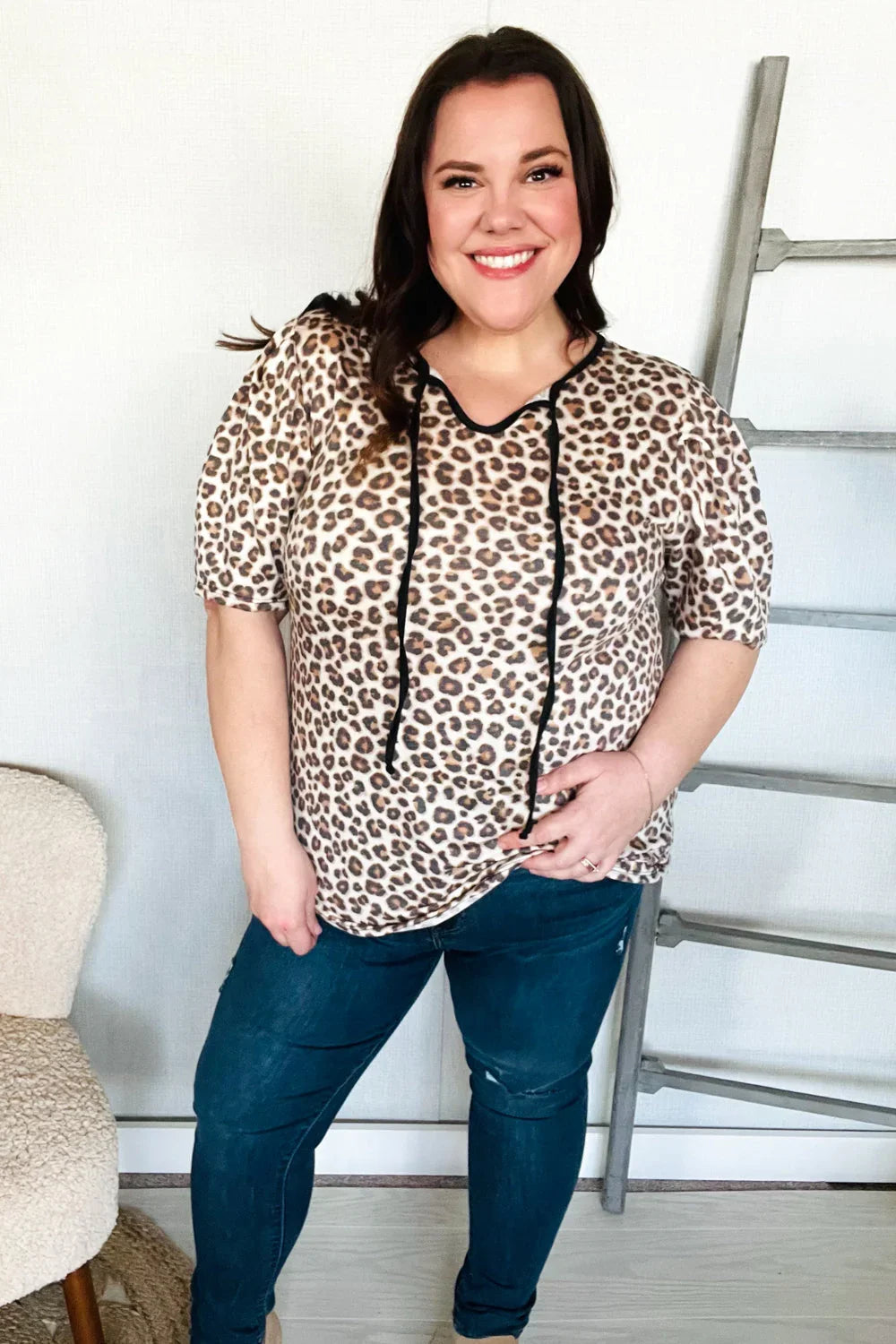 Everyday Animal Print Collar Notch Front Tie Knit Top | Daverri Fashions