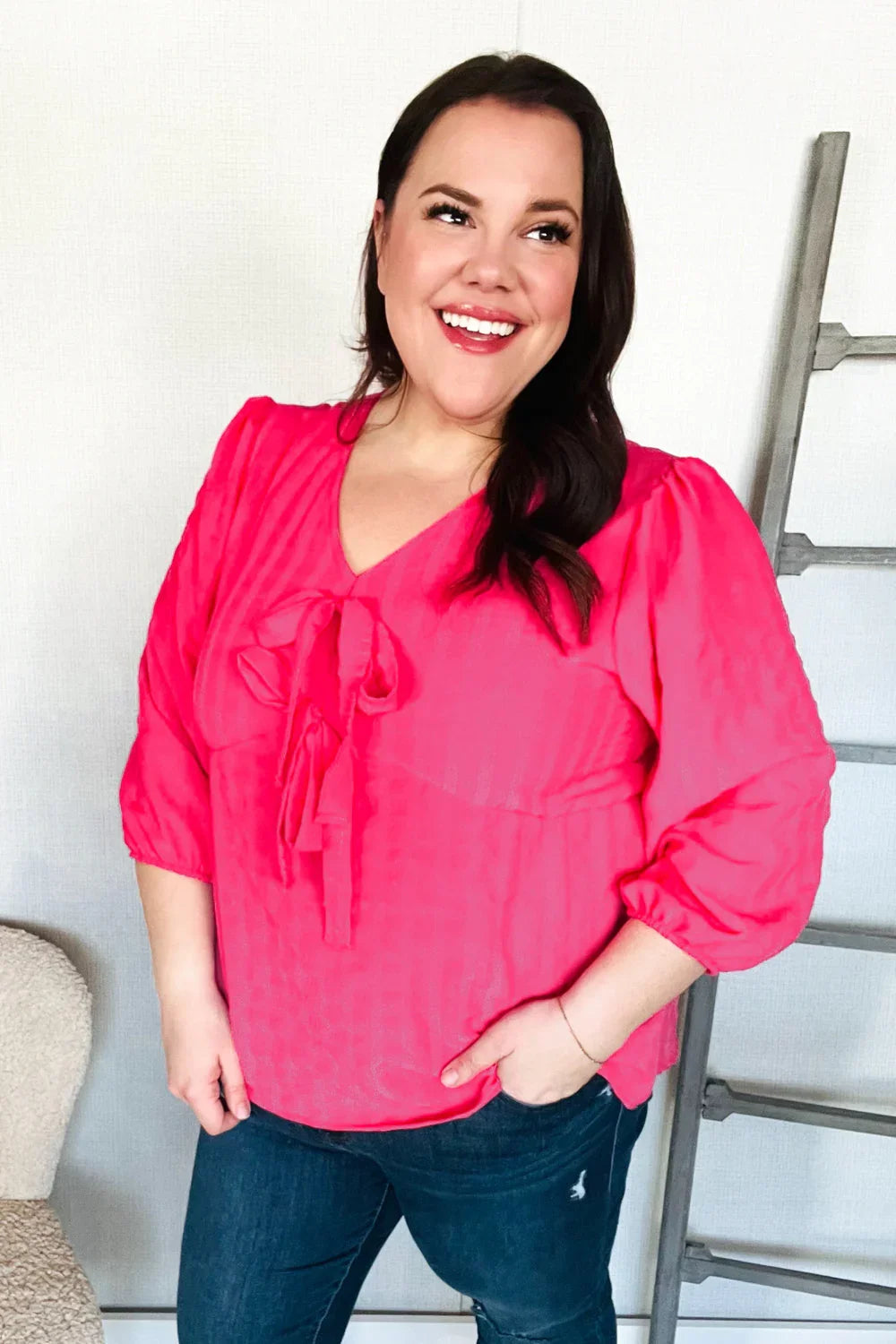 Stay With Me Pink V Neck Ribbon Bow Babydoll Woven Blouse | Daverri Fashions