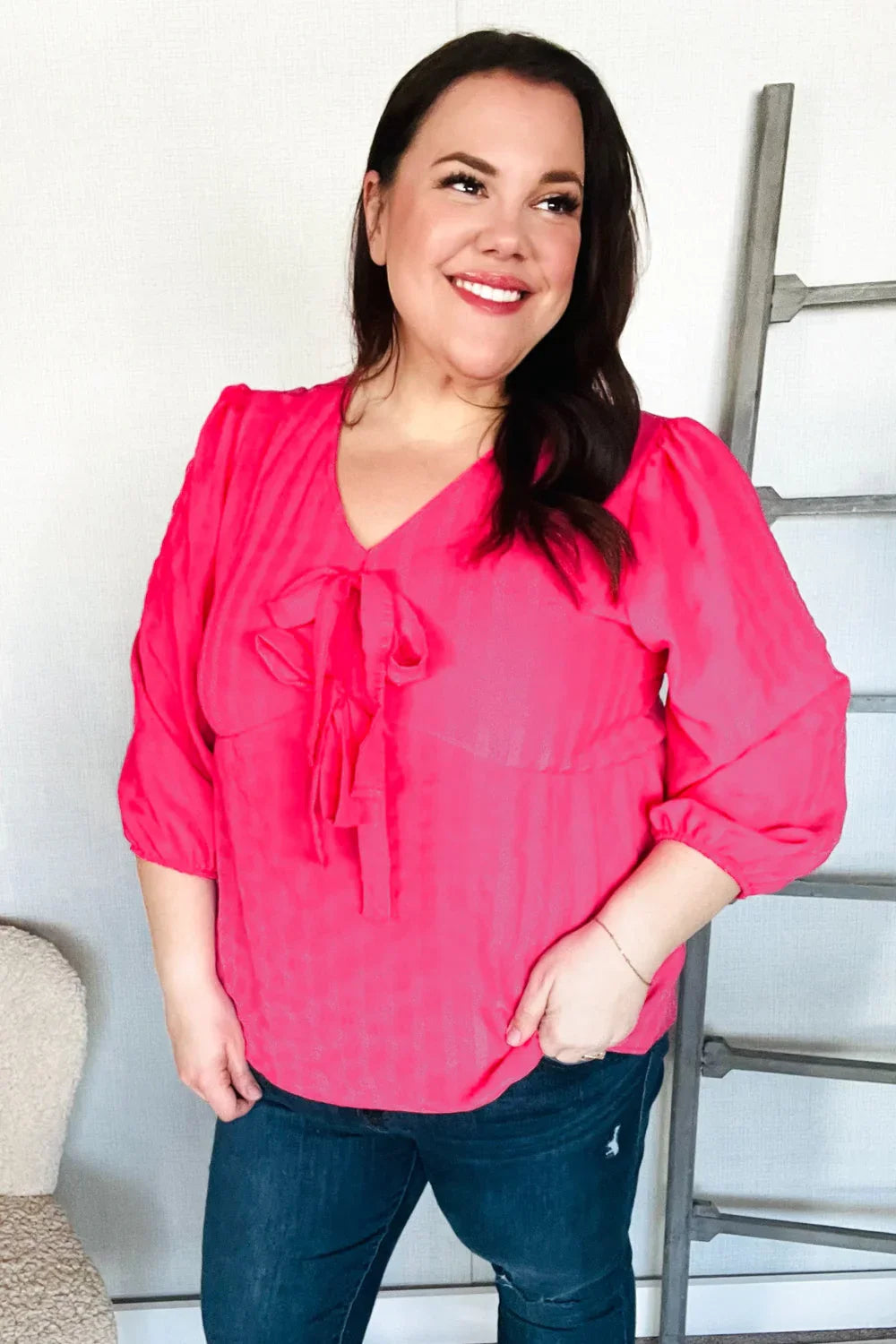 Stay With Me Pink V Neck Ribbon Bow Babydoll Woven Blouse | Daverri Fashions