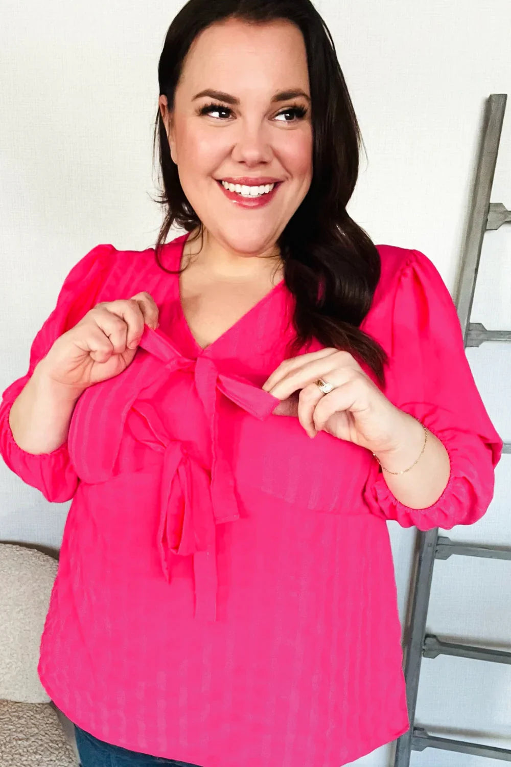 Stay With Me Pink V Neck Ribbon Bow Babydoll Woven Blouse | Daverri Fashions